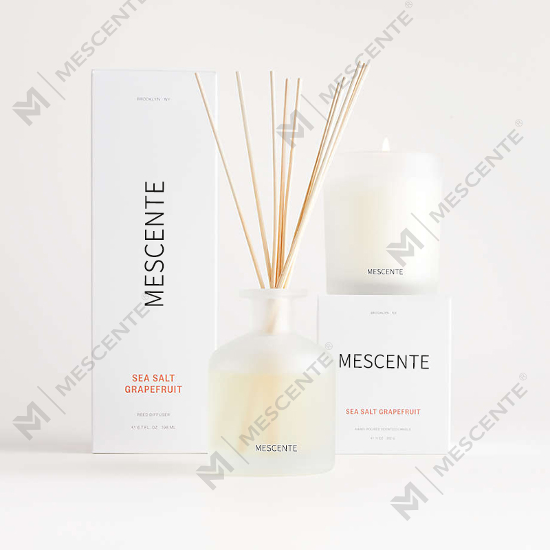 Conjunto de presente com difusor de palheta de aroma de cor roxa de marca própria de luxo M&Scent com caixa